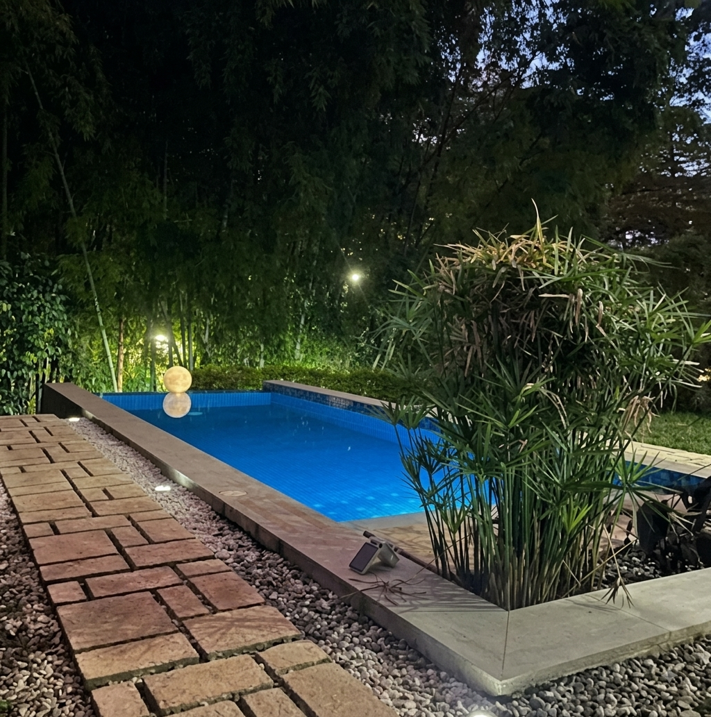 Biopiscina iluminada de noche